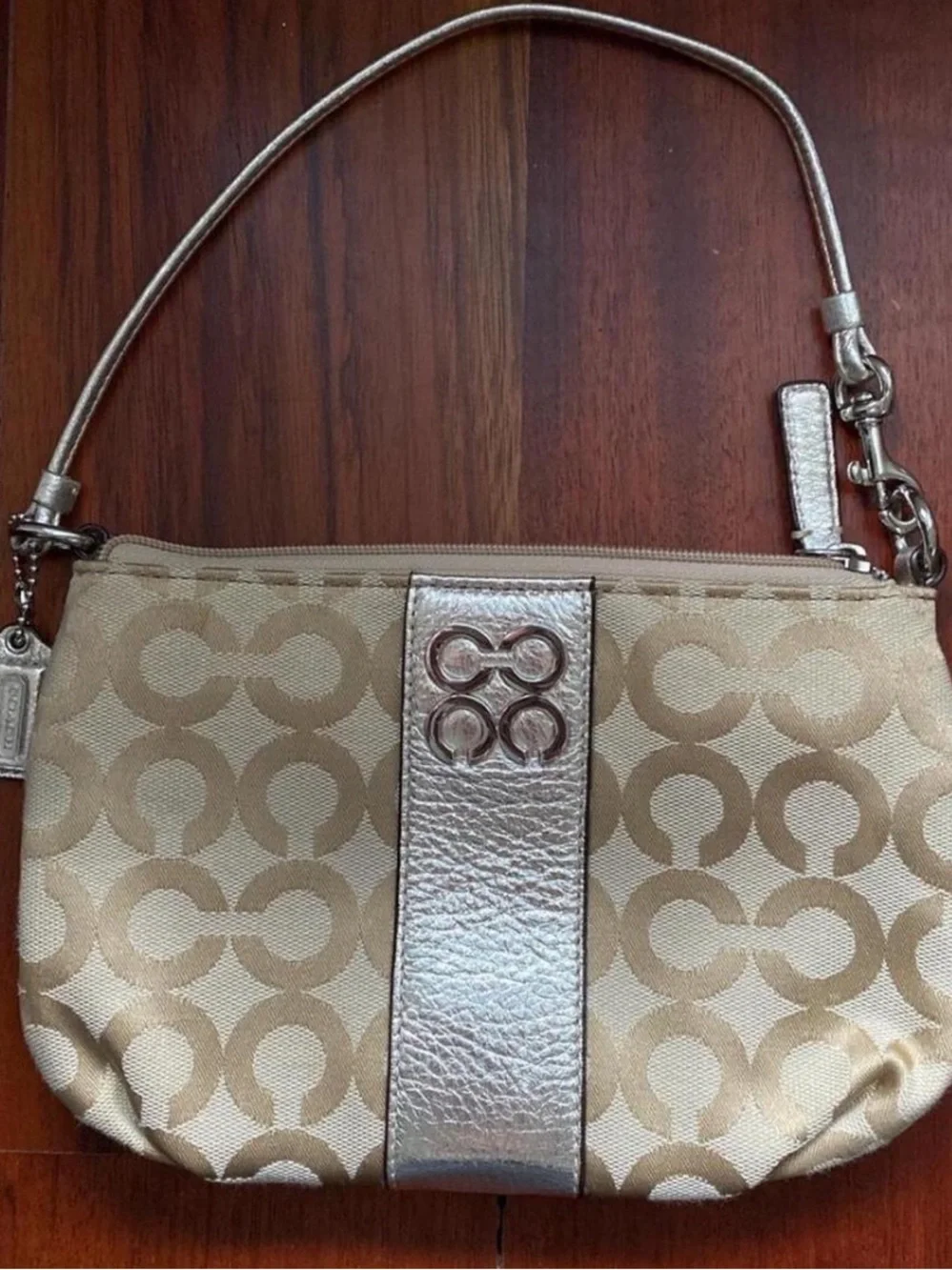 Coach Beige Signature Evening Bag with Metallic Silver Accents